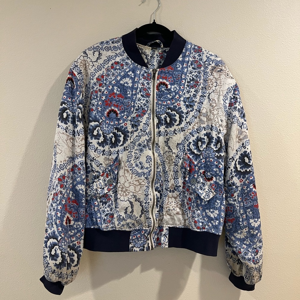 Free People Blue Patterned Bomber Jacket